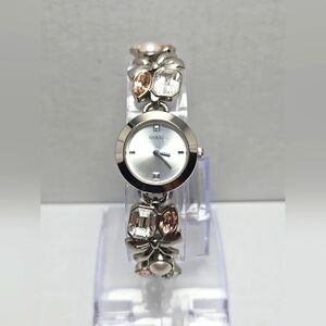 Womens Guess Pink Marquise Crystal Pearls Bows Silver Bracelet Watch New Battery